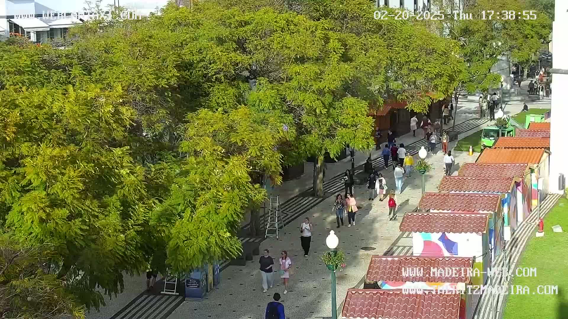A sunny outdoor scene shows a paved pedestrian walkway lined with small market stalls and lush green trees, with several people walking along the path.