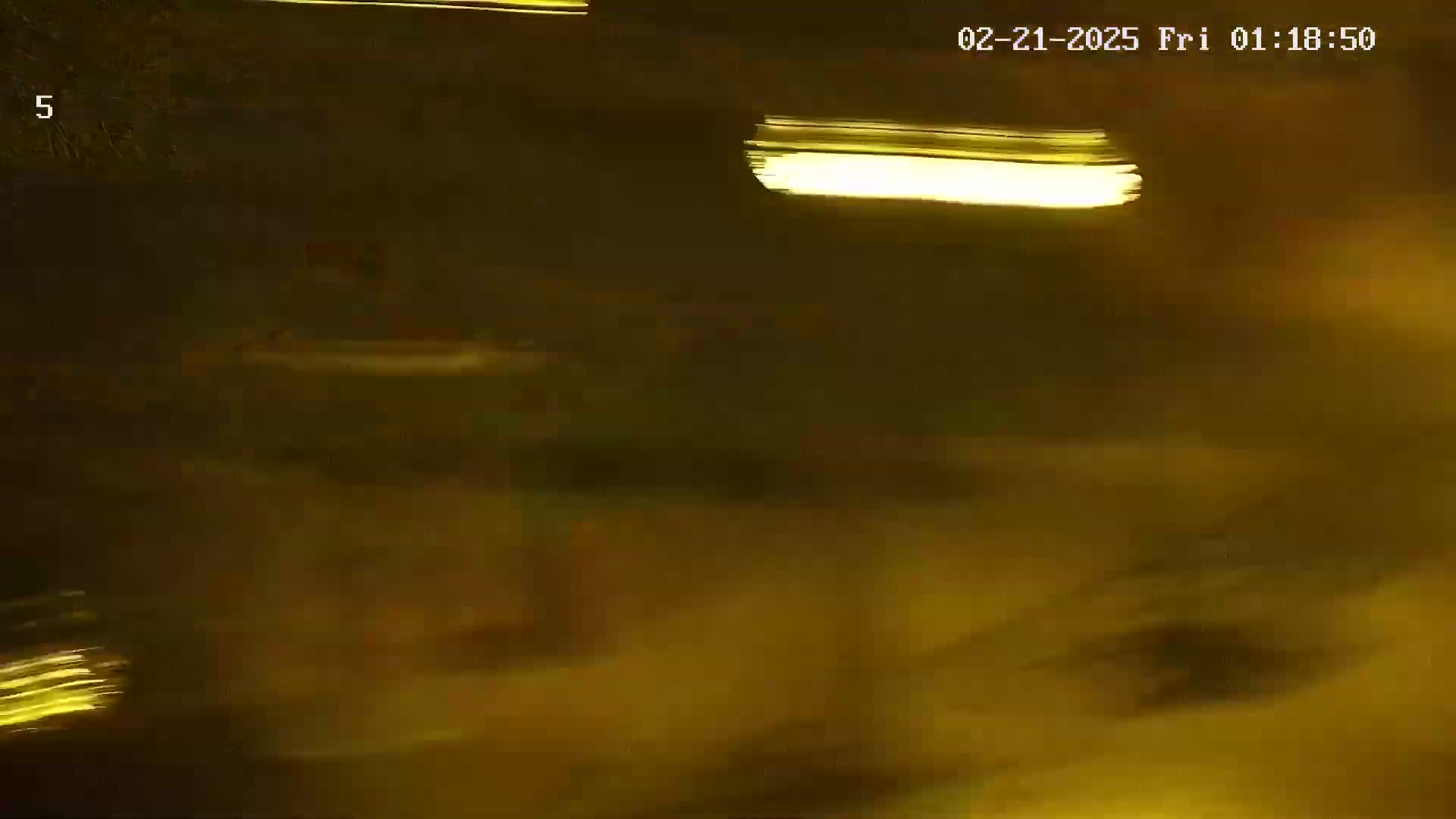 A blurry, nighttime image shows streaks of yellow light, possibly from headlights, against a dark background.