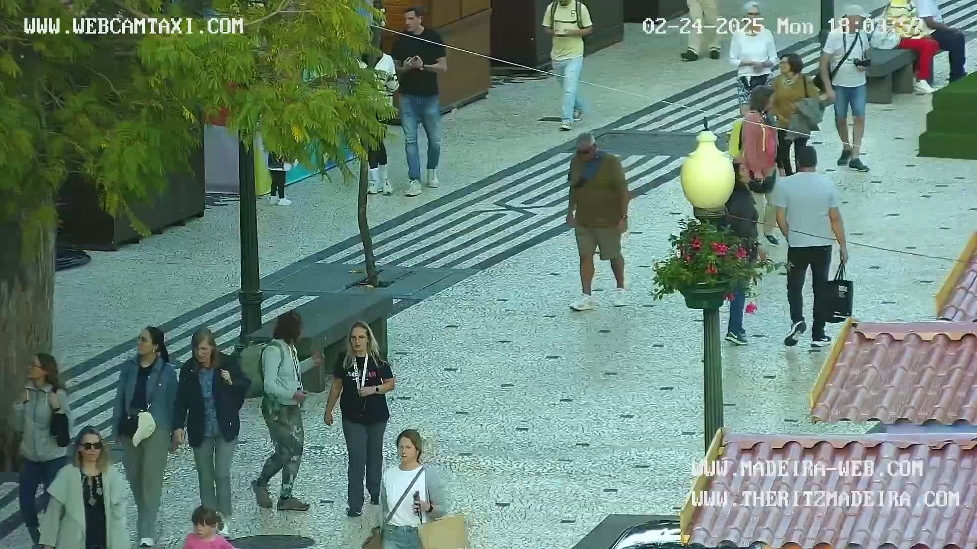 A paved outdoor walkway with many people walking on it under a partly sunny sky.