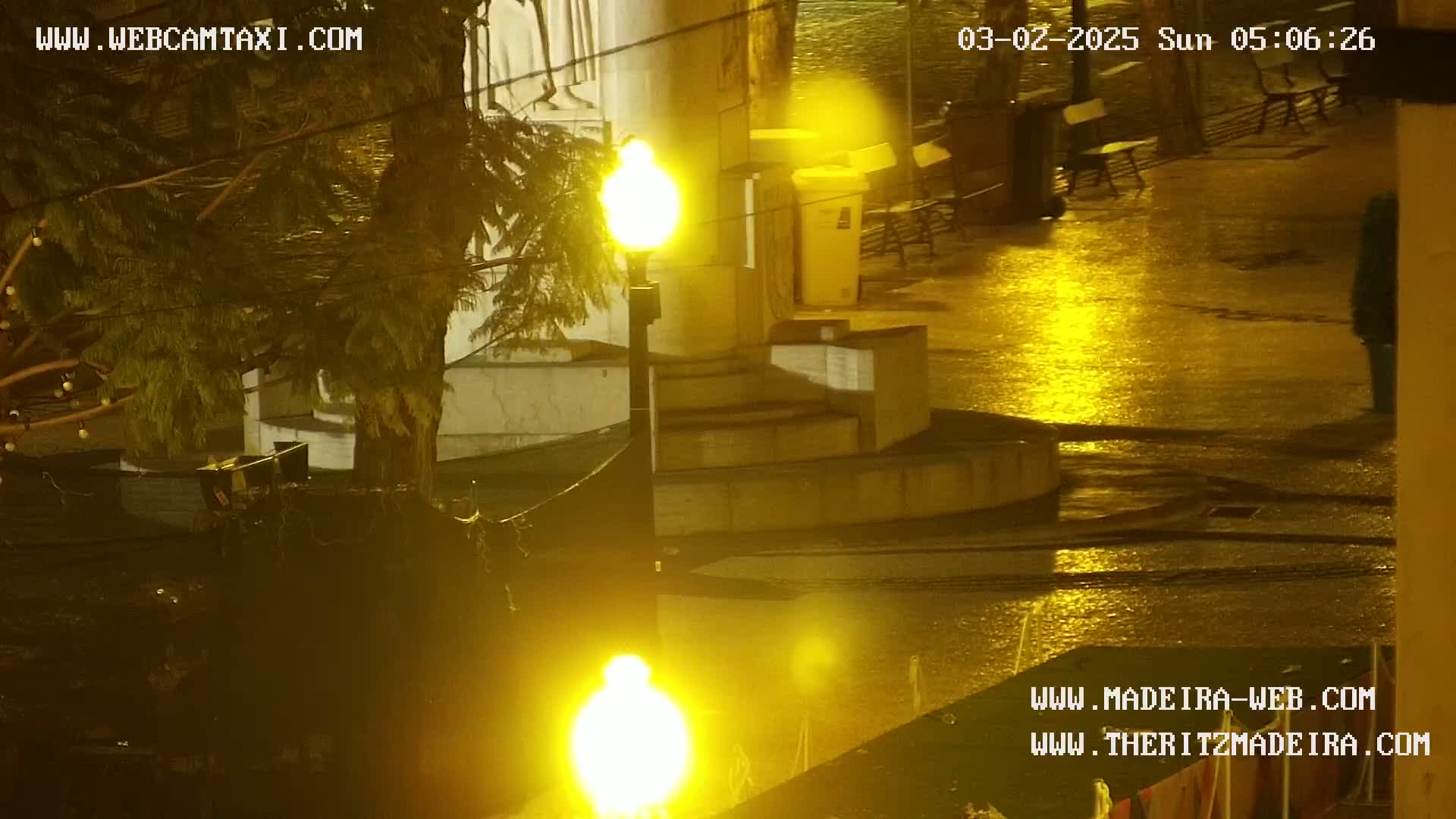 A wet, brightly lit plaza at night is shown, featuring streetlights, benches, and a tree in the background.