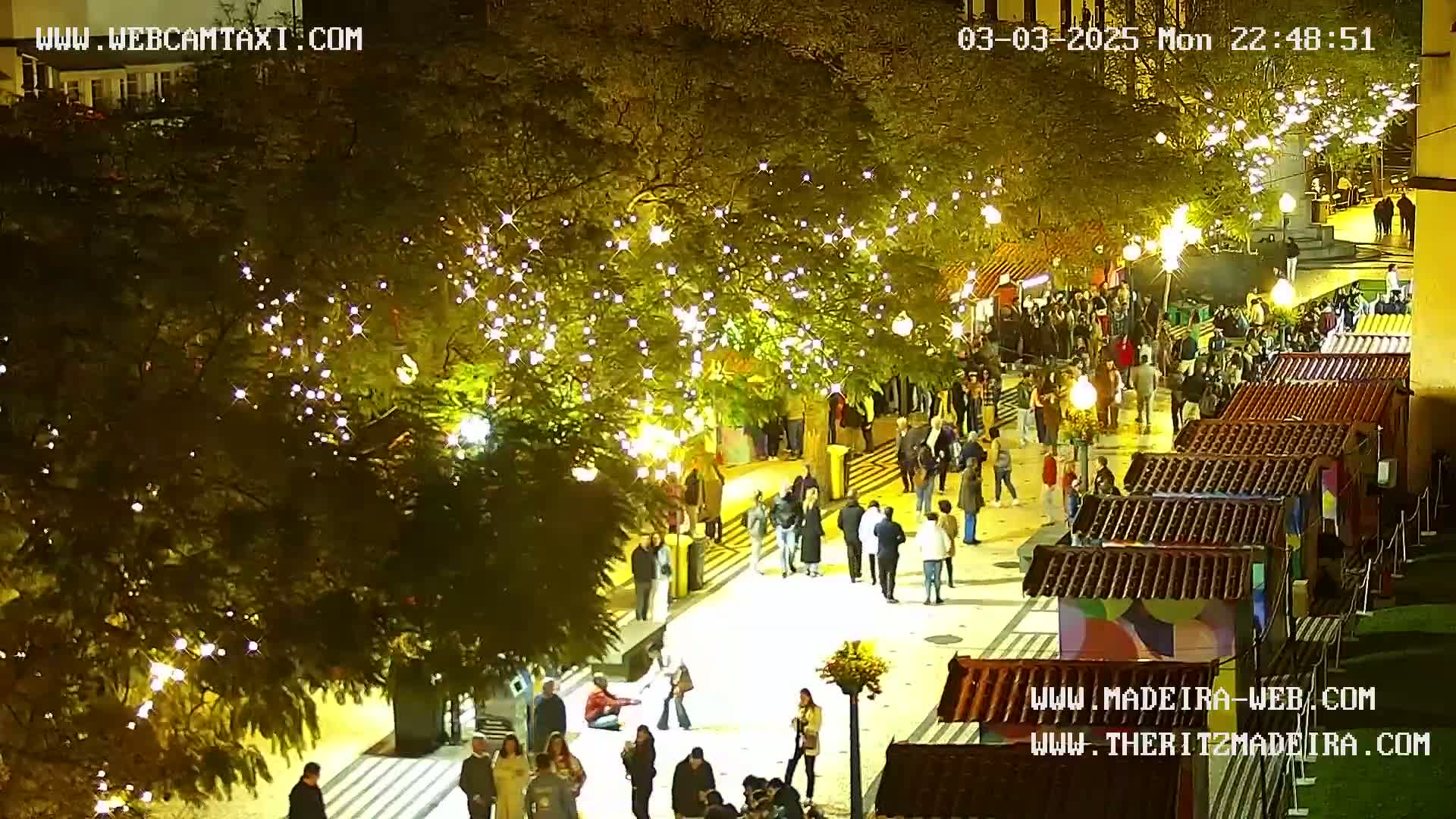 A nighttime outdoor scene shows a bustling pedestrian area with market stalls, illuminated trees, and many people walking around.