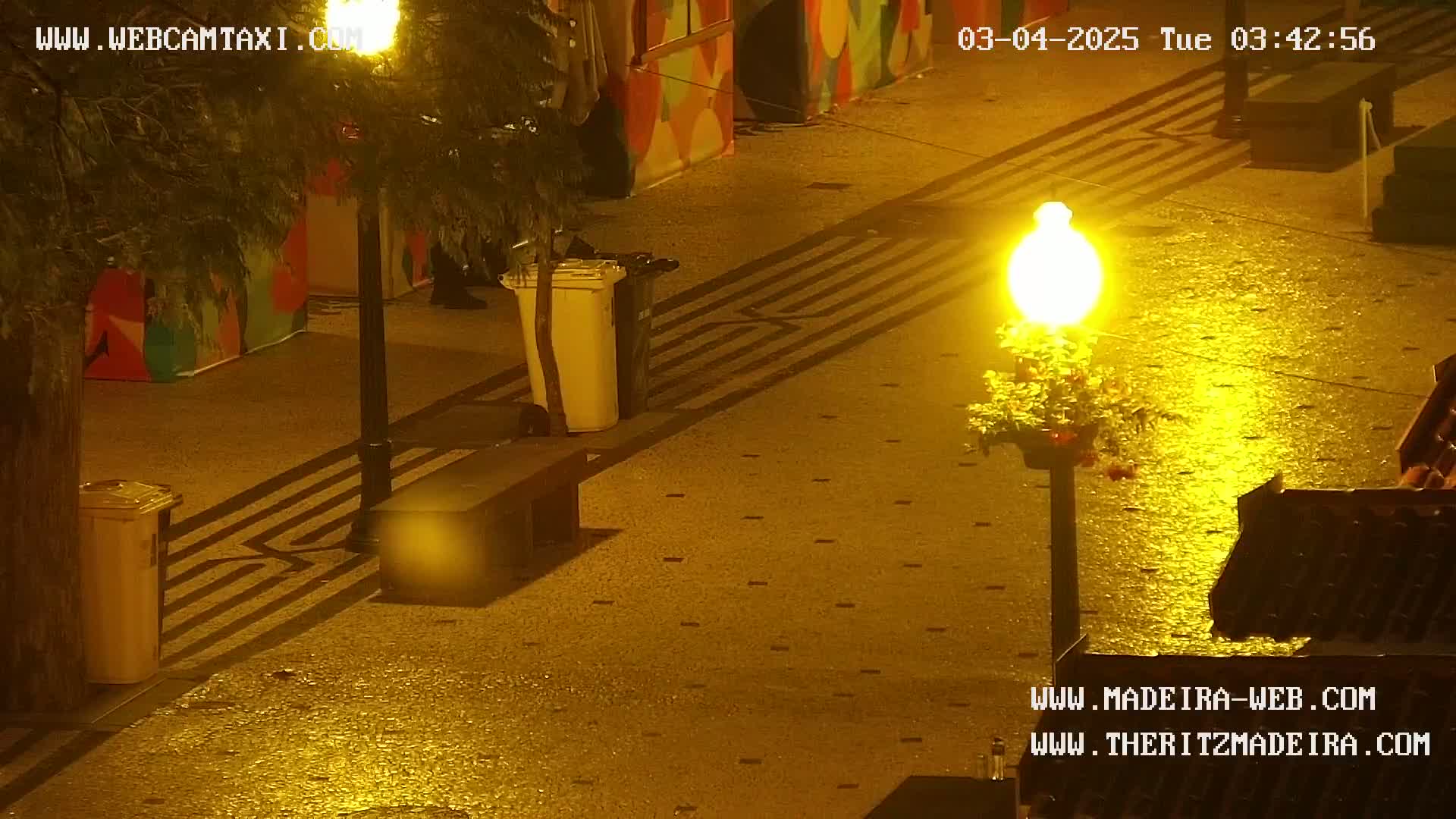 A wet, nighttime paved area is illuminated by a bright streetlamp, showing a bench, trash cans, and a building with colorful painted walls.