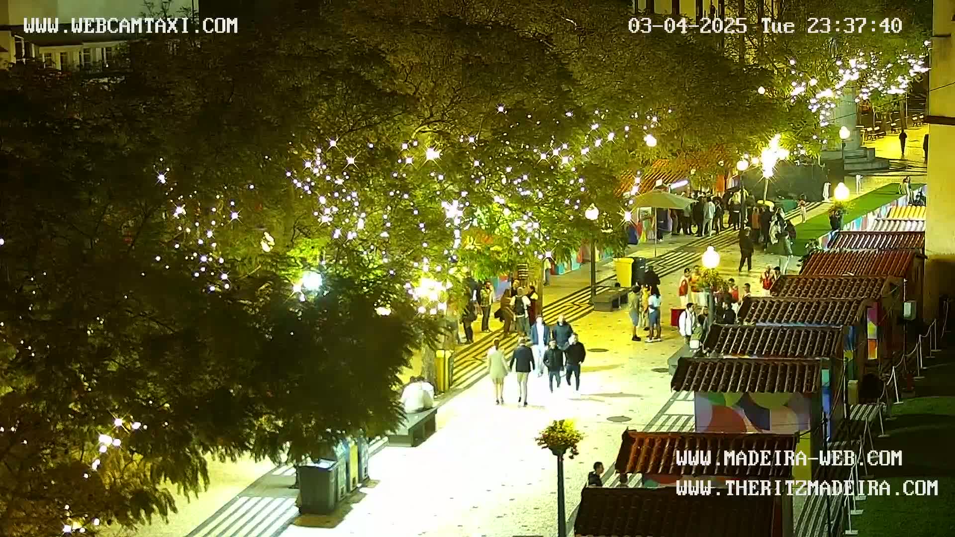 A nighttime, outdoor scene shows a paved walkway lined with small market stalls and trees decorated with string lights, with people walking around.