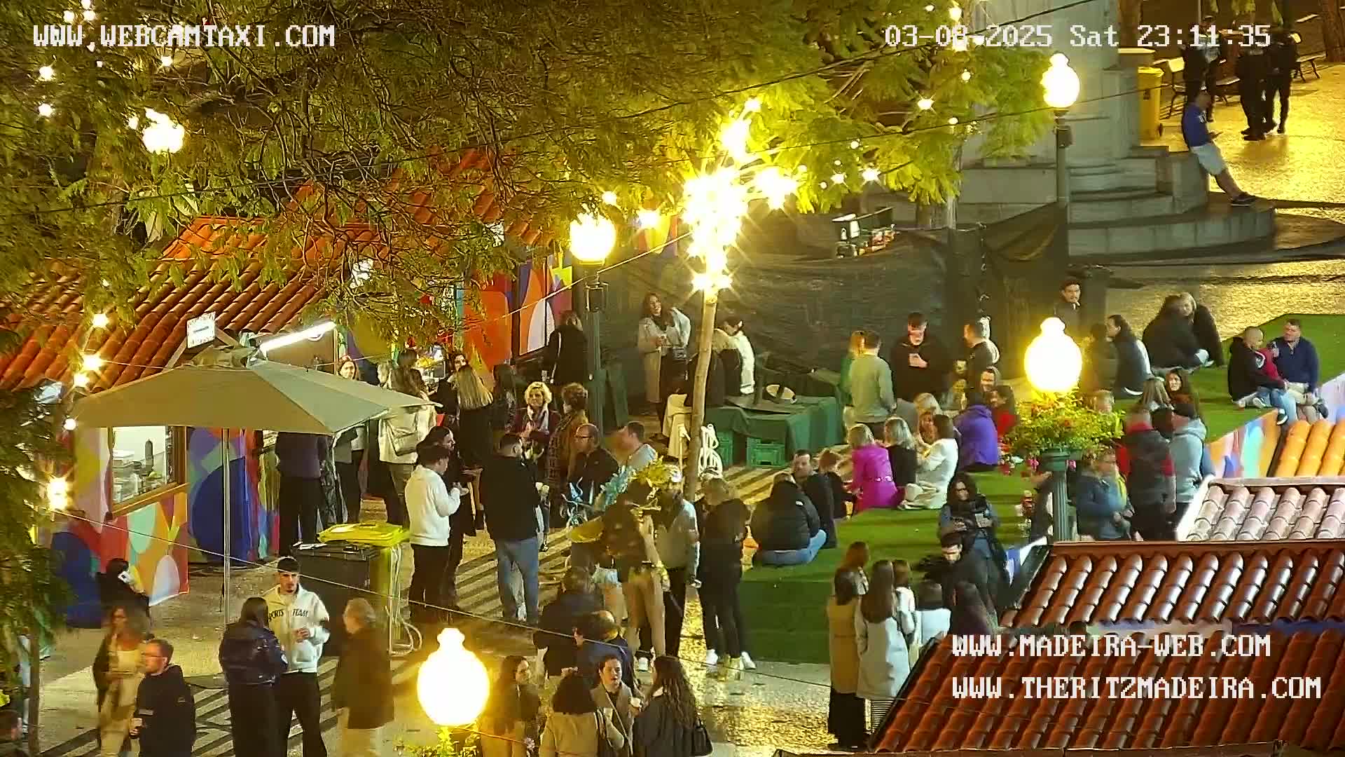 A nighttime outdoor scene shows numerous people gathered around food stalls and sitting on a grassy area under the lights of trees and street lamps.