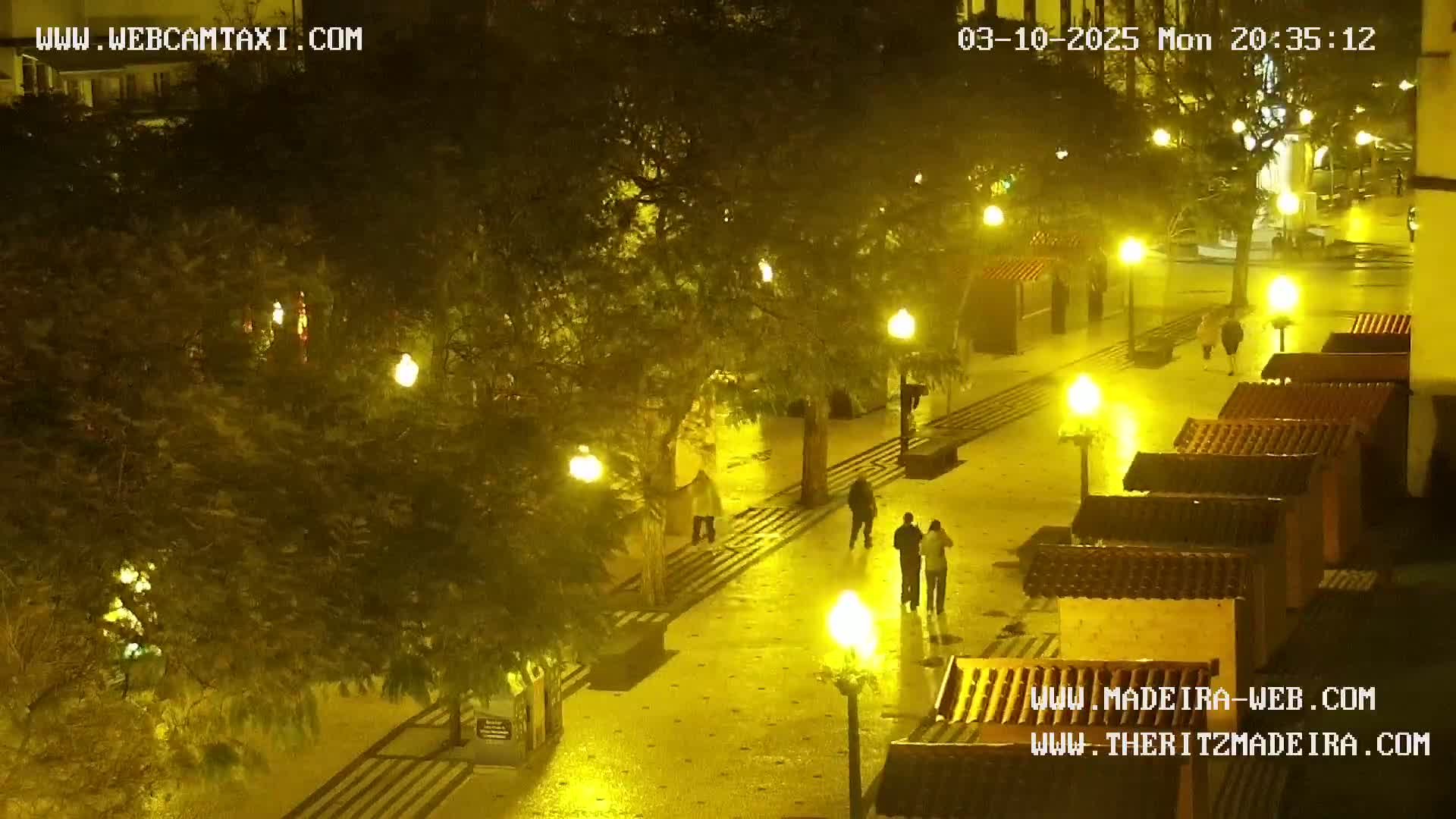 A nighttime, wet, paved pedestrian area with several people walking past market stalls and trees lit by yellow streetlights.