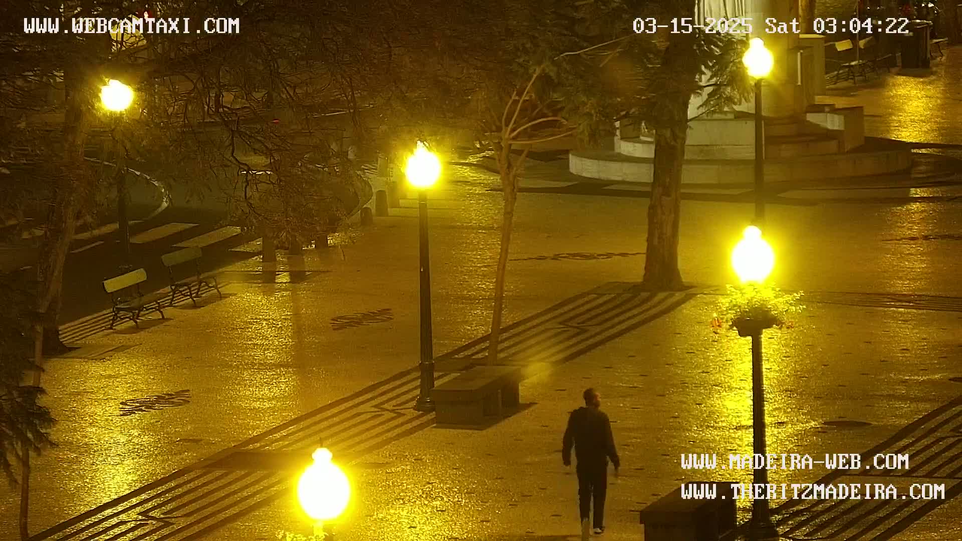 A person walks through a wet, brightly lit plaza at night, past several benches and lampposts.