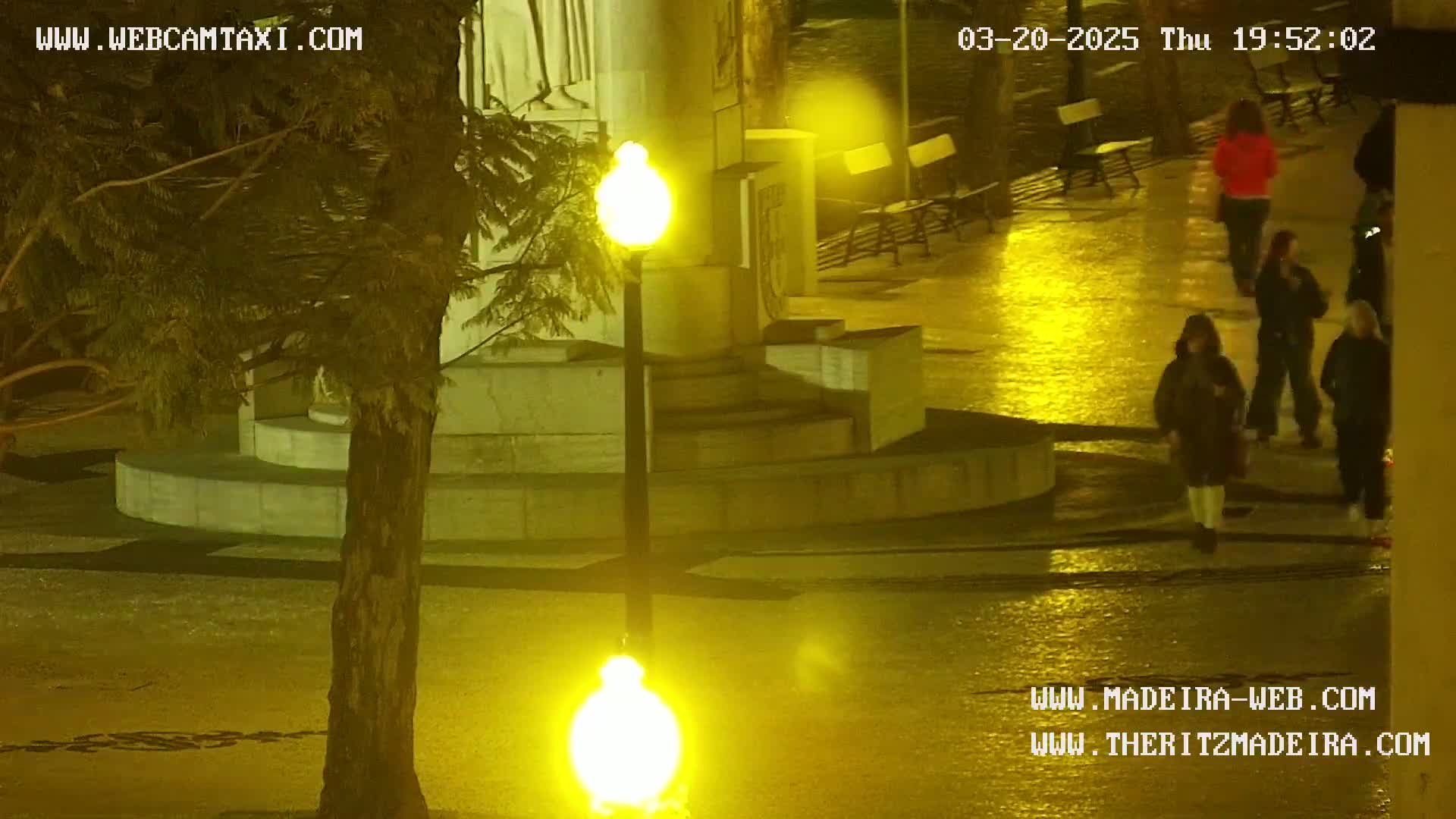 At night, under wet pavement illuminated by bright yellow streetlights, several people walk near a stone monument partially obscured by a tree.