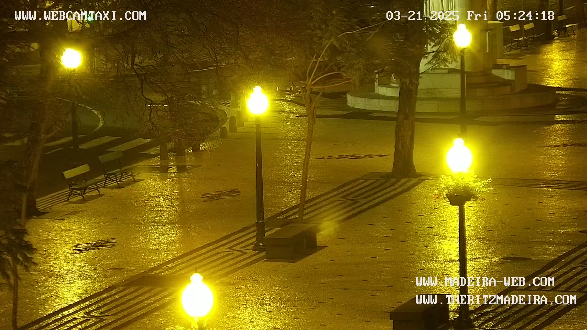 A wet, patterned plaza at night is illuminated by several bright yellow streetlights, with a few benches and sparse trees visible.