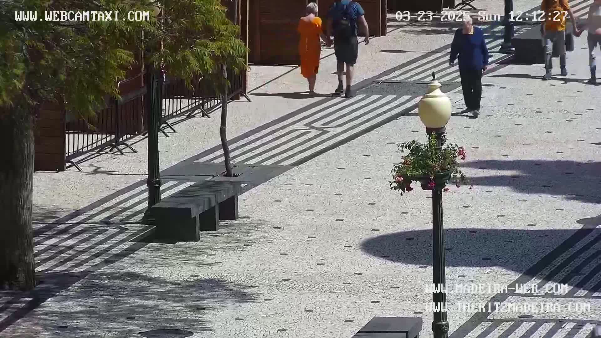 A sunny outdoor plaza with a patterned stone surface shows several people walking past a lamppost with hanging flowers and a bench.