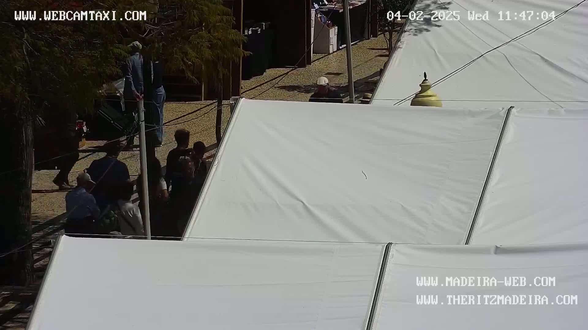 A group of people are walking near several large white tents on a sunny day.