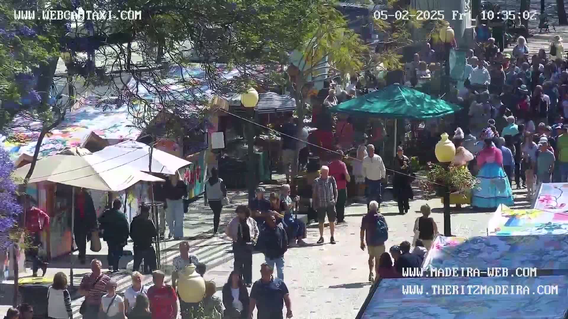A large crowd of people is gathered around numerous market stalls under a sunny sky.
