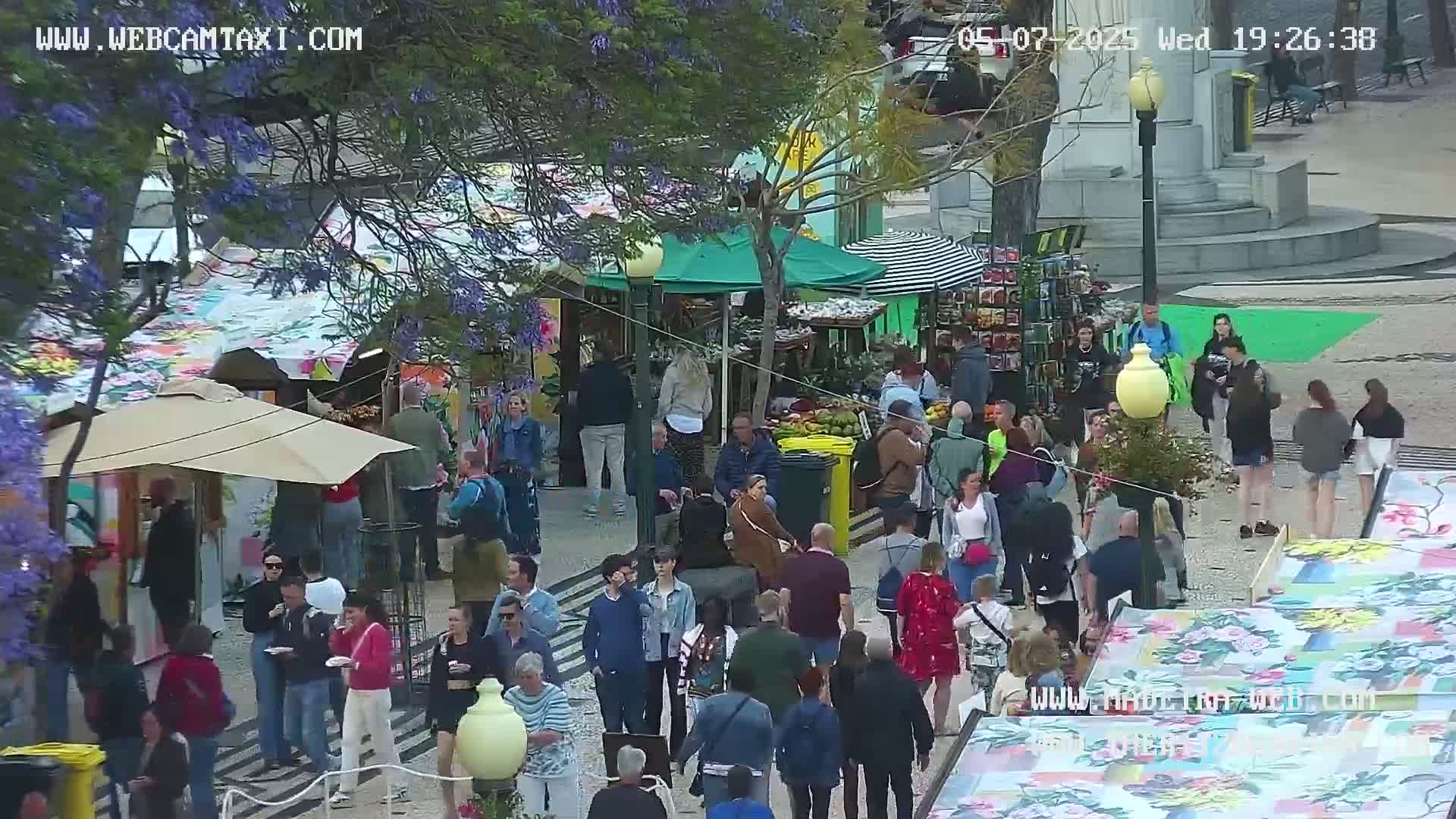 A bustling outdoor market scene, under a partly cloudy sky, features numerous people browsing stalls and walking along a paved area decorated with colorful artwork.