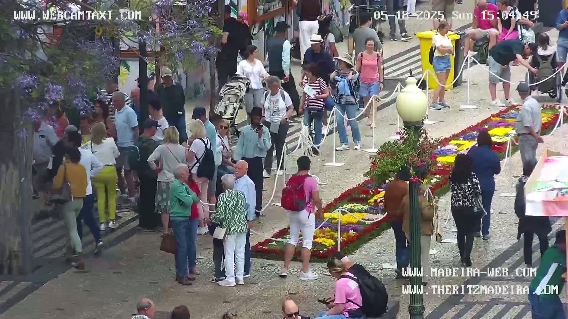 A large crowd of people stands around a long floral tapestry on a sunny day.