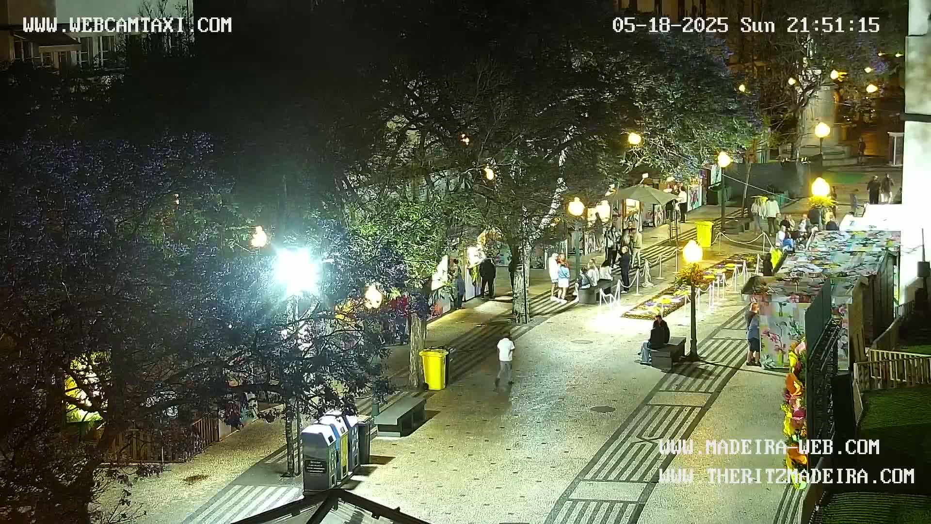 A nighttime, outdoor scene shows a paved pedestrian area with people gathered around stalls and displays, illuminated by streetlights and ambient lighting.
