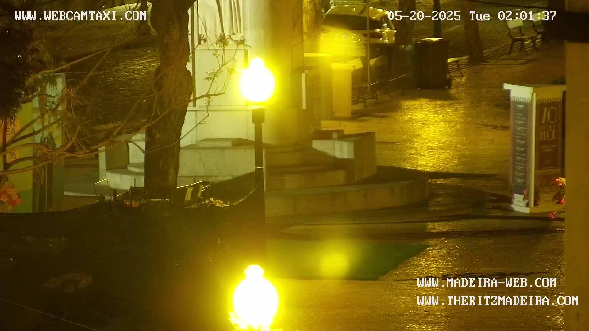 A wet, nighttime city street scene is illuminated by bright yellow streetlights near a stone monument and some parked cars.