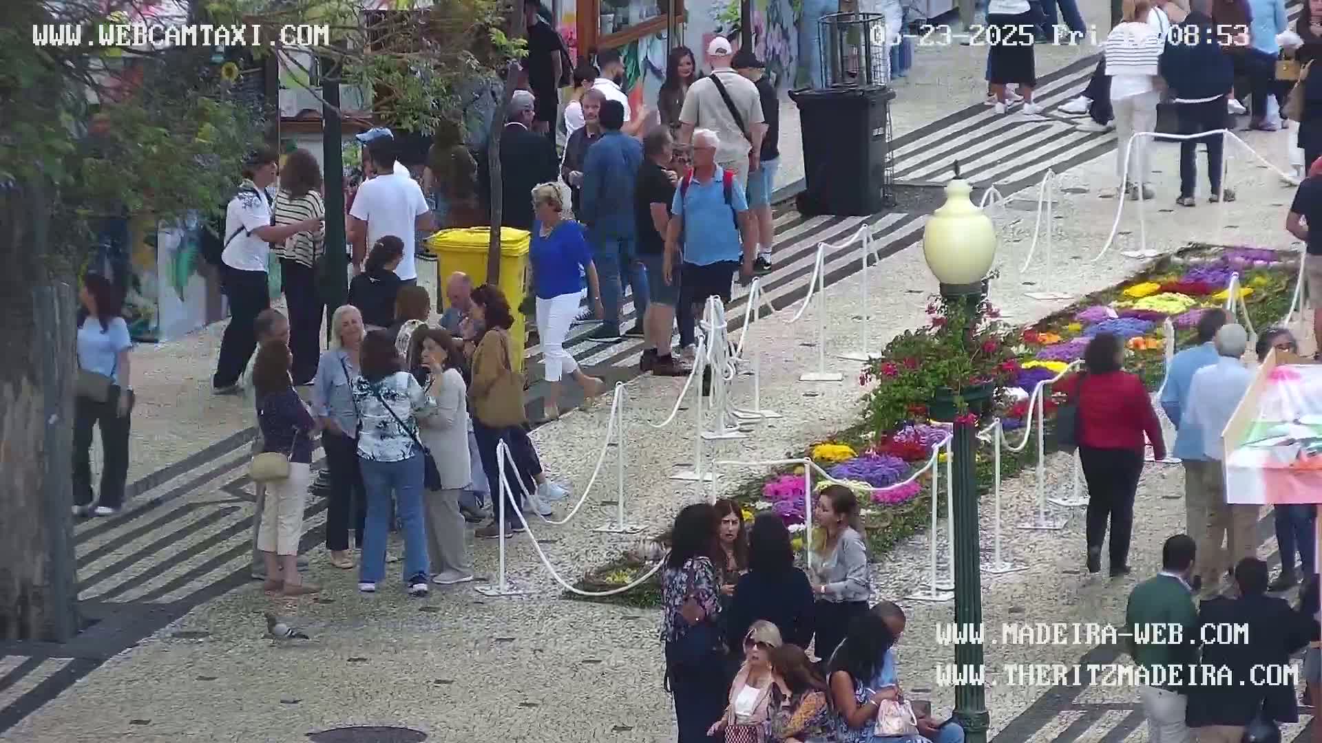 A large group of people are standing and walking on a paved outdoor area decorated with colorful flower arrangements, under partly sunny conditions.
