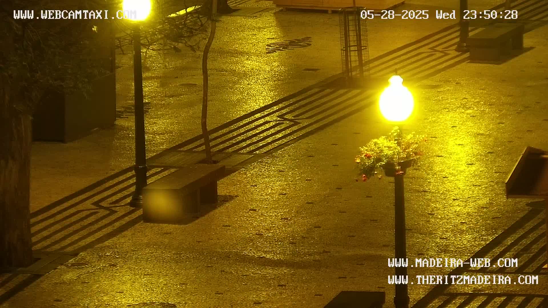 A wet, illuminated cobblestone plaza at night, with a lamppost adorned with a flower basket casting shadows on the ground.