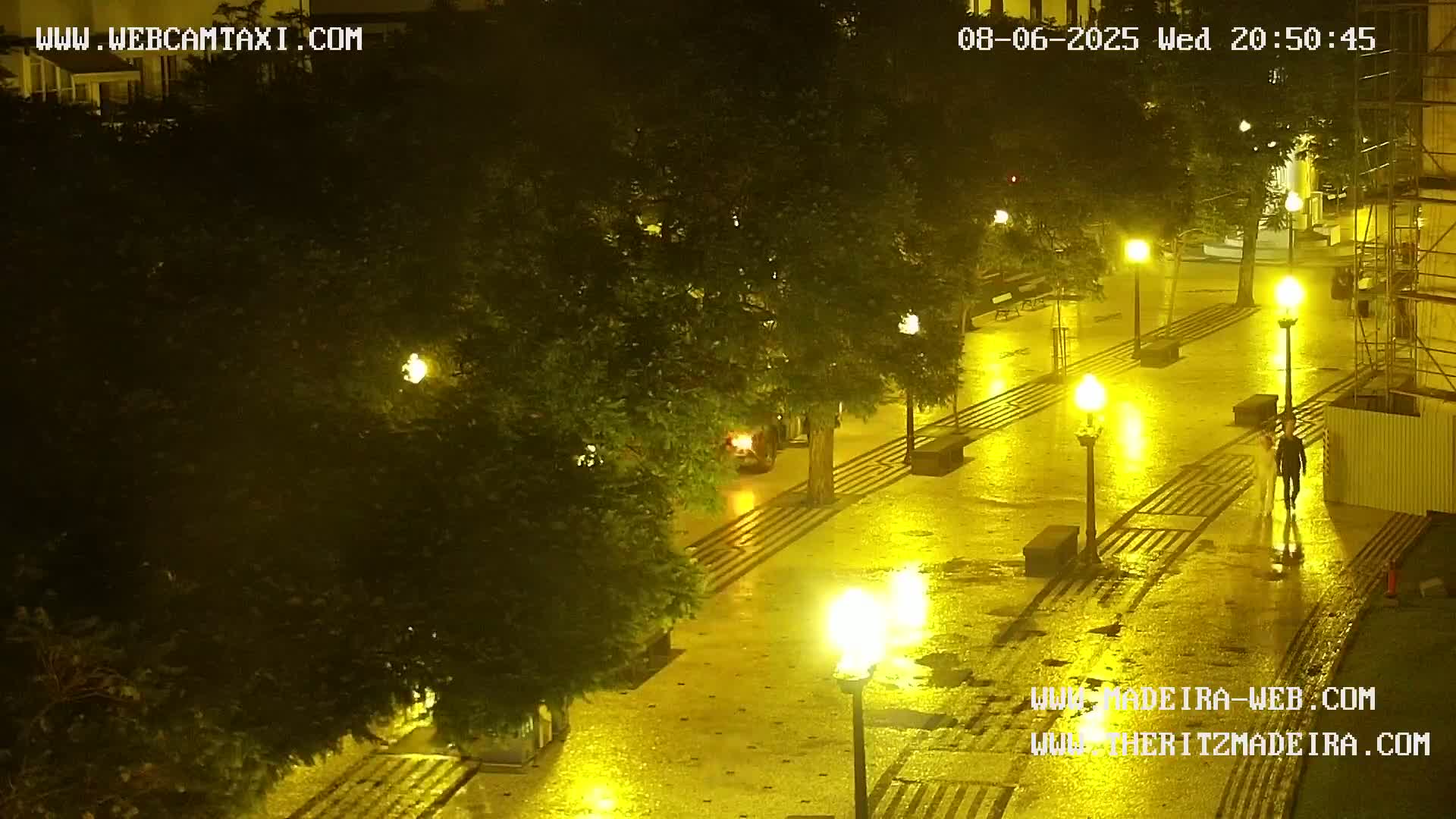 A rain-slicked plaza at night is illuminated by numerous lampposts, with trees lining the edges and a few people walking.