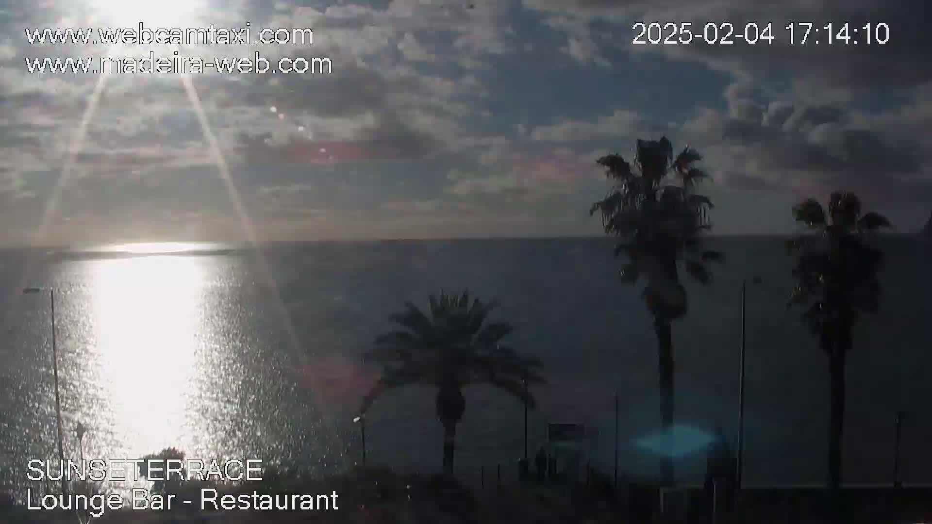 A partly cloudy sunset over a calm ocean is viewed from a vantage point overlooking palm trees.
