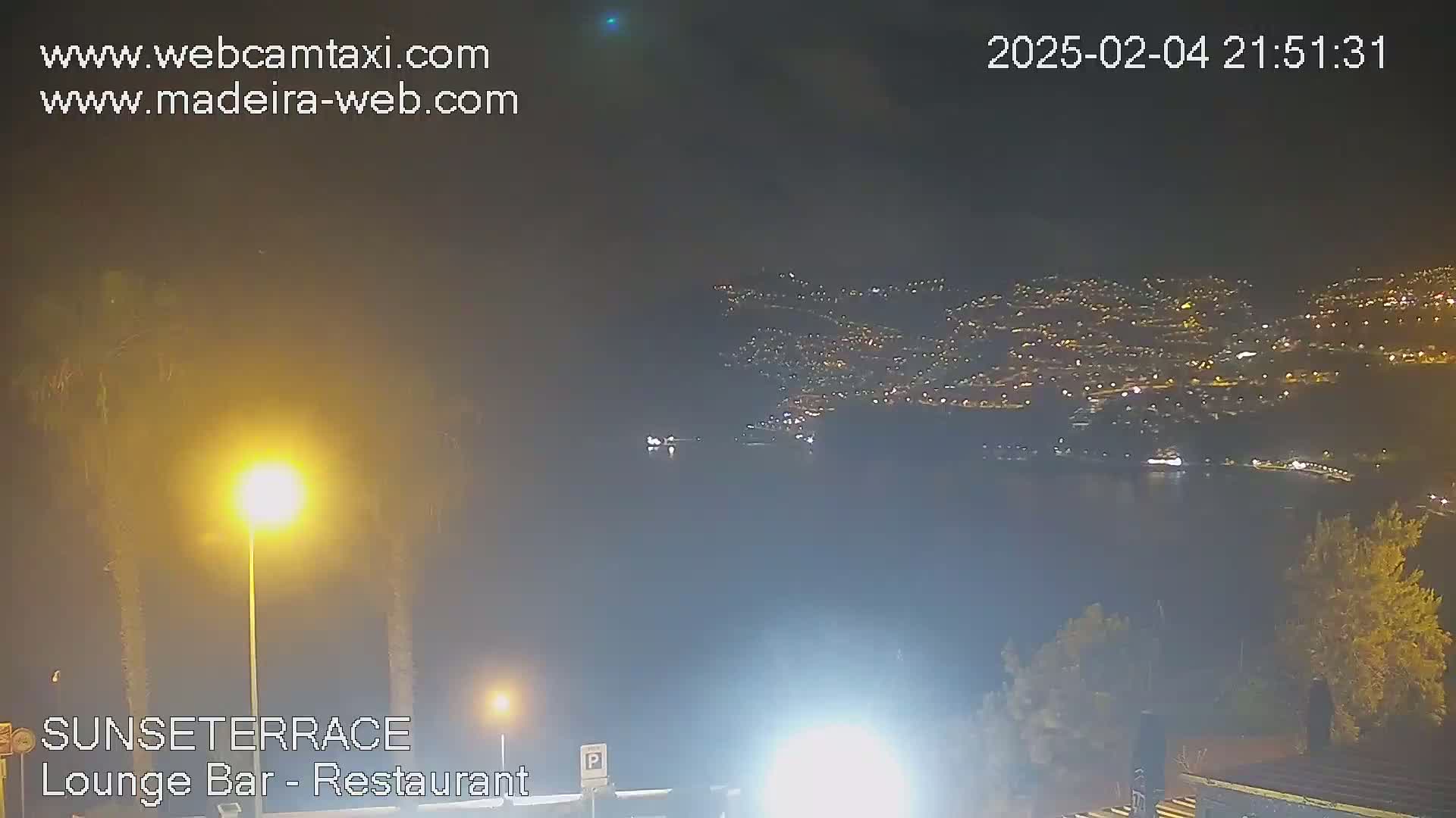 A nighttime view from an elevated vantage point shows a brightly lit city across a body of dark water, under hazy, dark skies.
