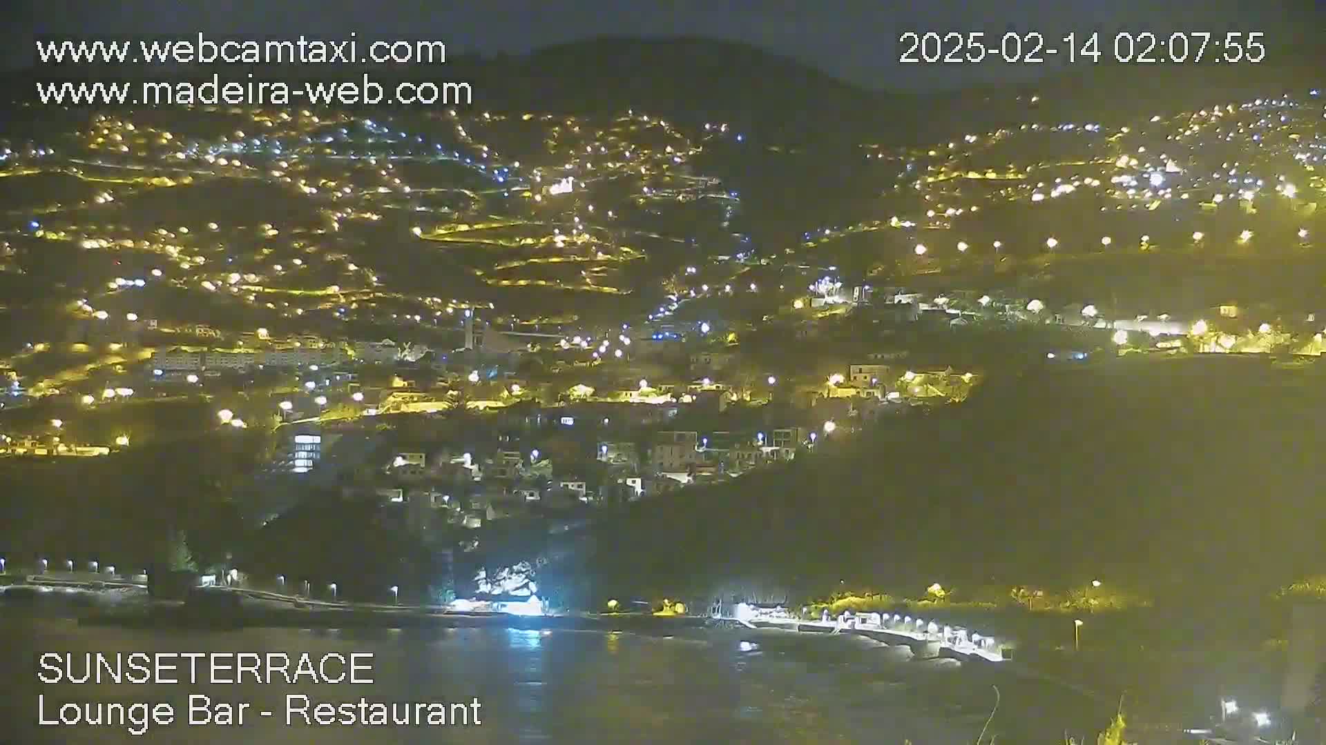 A nighttime view of a coastal town illuminated by lights, situated on a hillside overlooking a dark body of water.