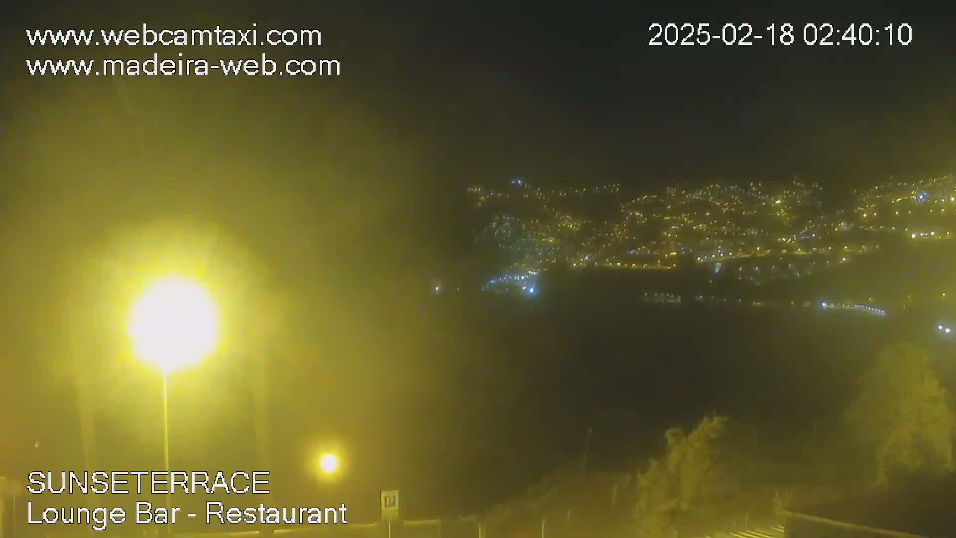 A hazy night scene shows a distant town illuminated with lights, viewed from a higher vantage point.