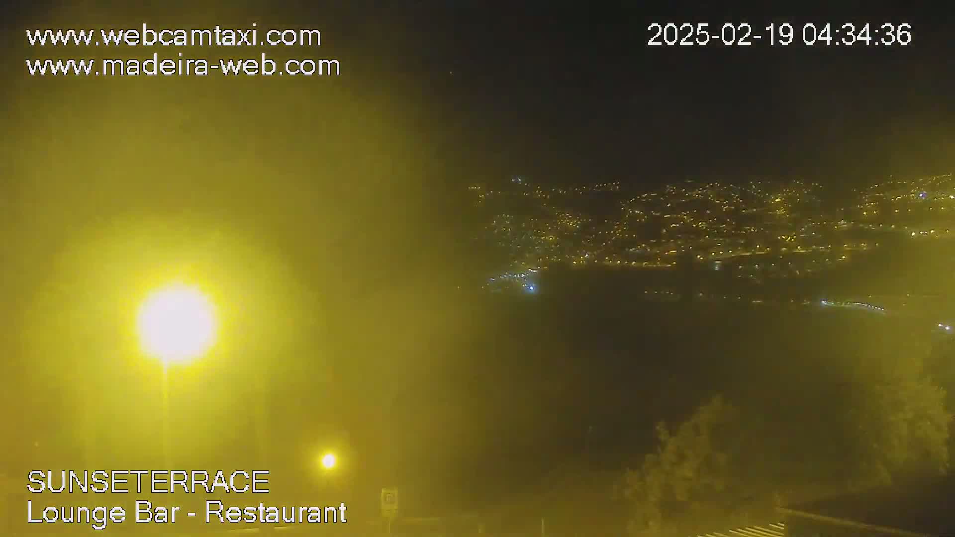 A hazy night scene shows a distant city glowing with lights, partially obscured by yellow-tinged fog or mist.
