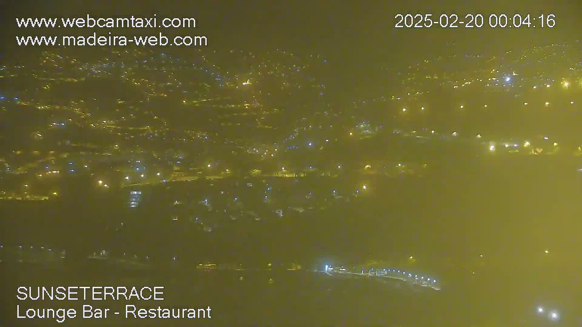 A hazy night view of a city with numerous lights scattered across a hillside.
