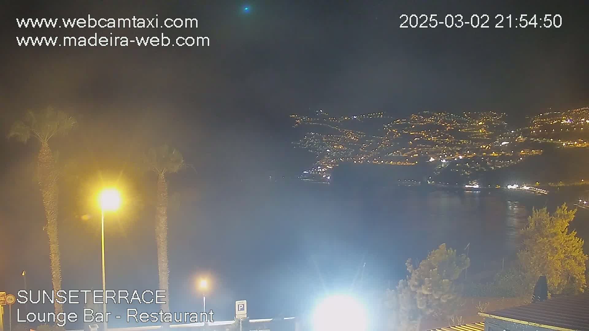 A nighttime view of a city illuminated along a coastline, with fireworks visible in the foreground under hazy conditions.