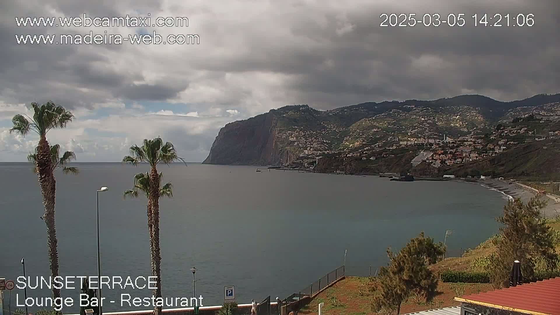 A coastal view shows a calm ocean, palm trees, and a hillside town under a cloudy sky.