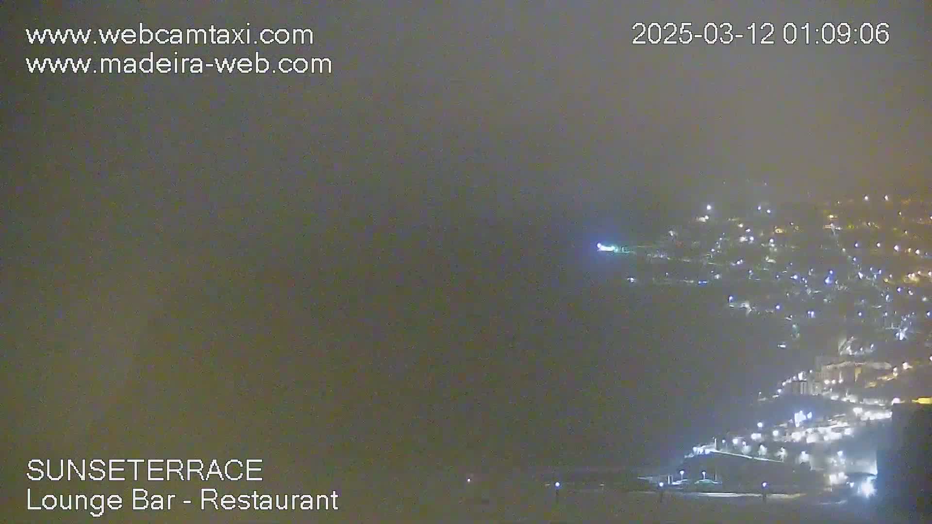 A hazy, nighttime view shows a hillside dotted with numerous lights, extending into a foggy distance.