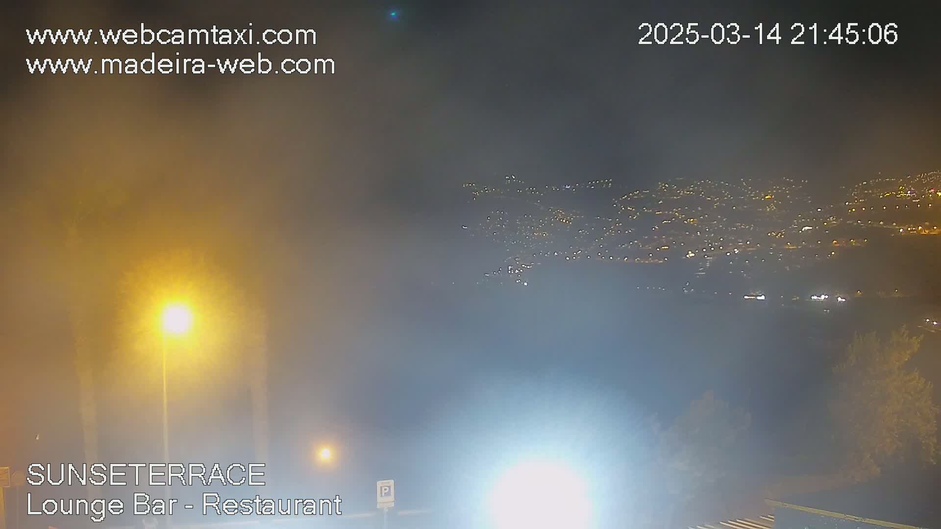 A hazy night scene shows a distant city glowing with lights under a foggy sky, illuminated by nearby streetlights.