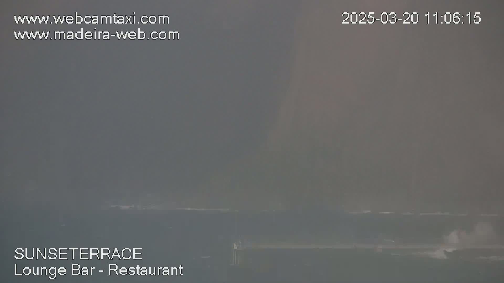 A foggy, gray ocean scene is visible, with some whitecaps suggesting choppy water.