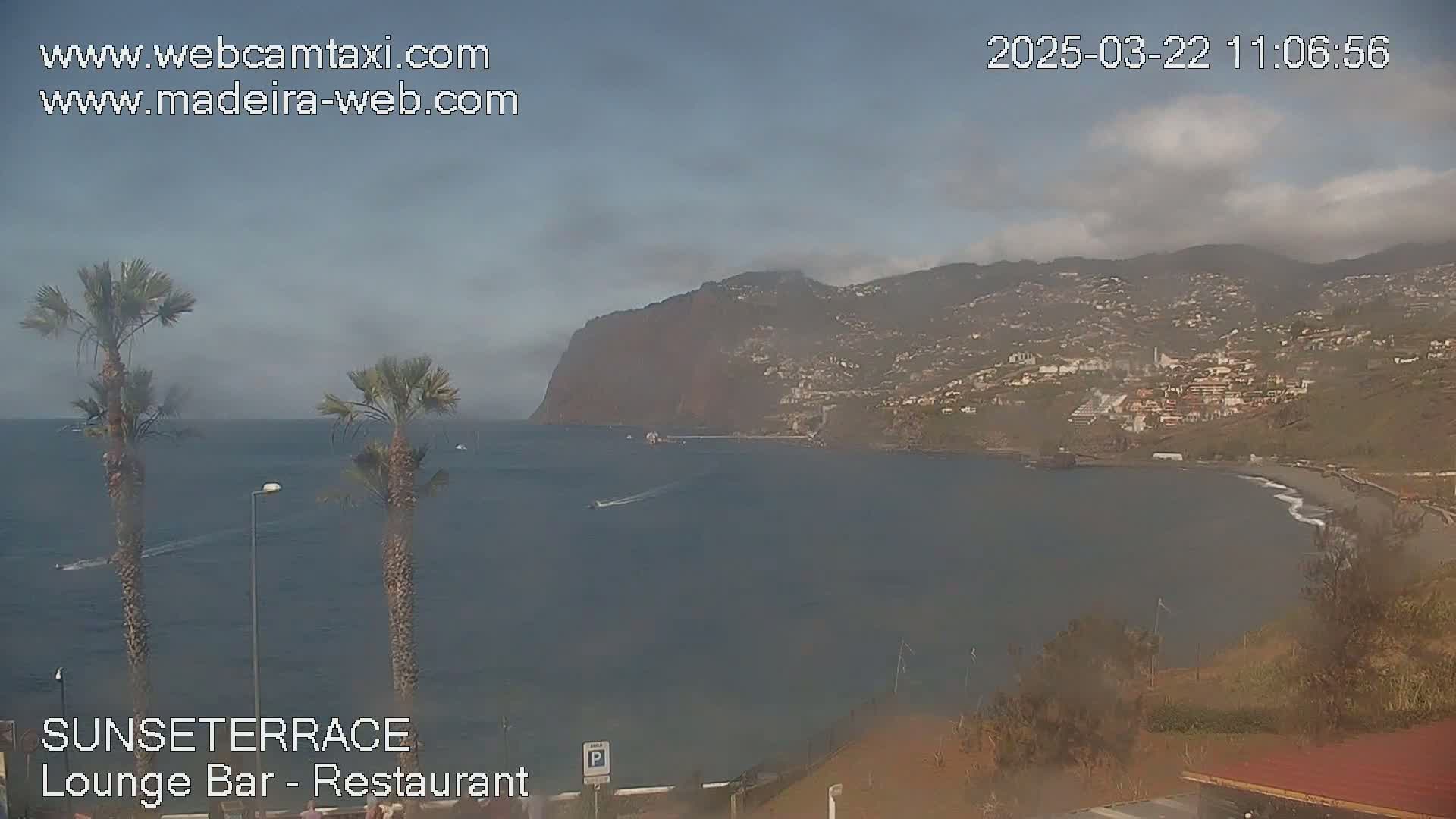 A coastal scene shows a calm ocean, a dark-colored beach, hillside buildings, and two palm trees in the foreground under a mostly cloudy sky.