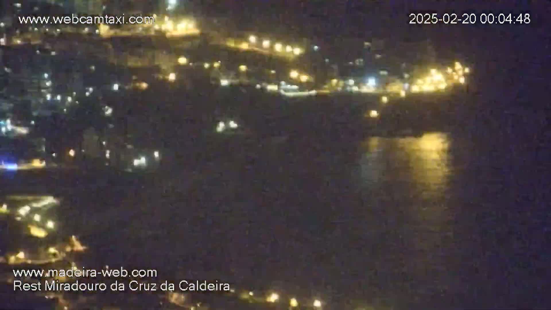 A nighttime view of a town's lights illuminating a dark body of water.