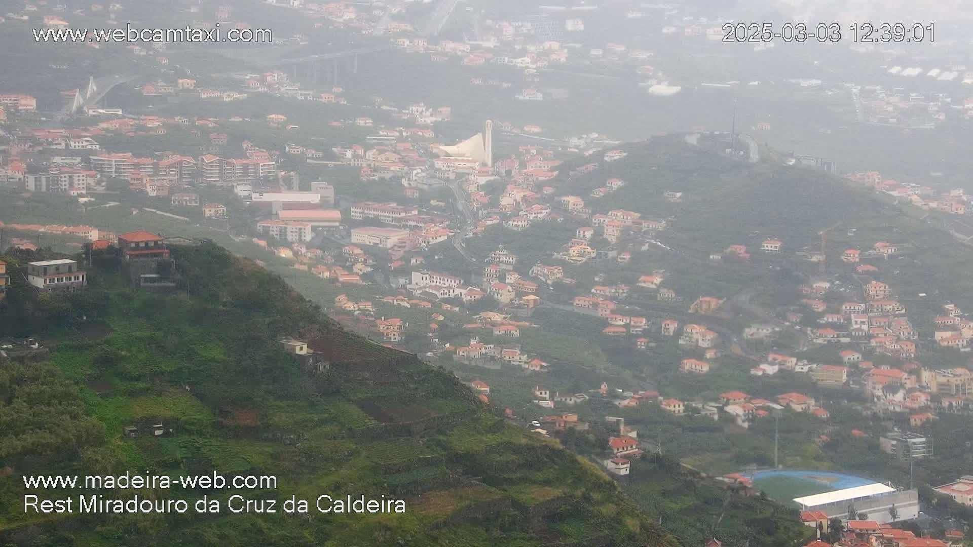 A hazy, rain-soaked hillside town is viewed from above, showing numerous houses clustered together on terraced slopes.