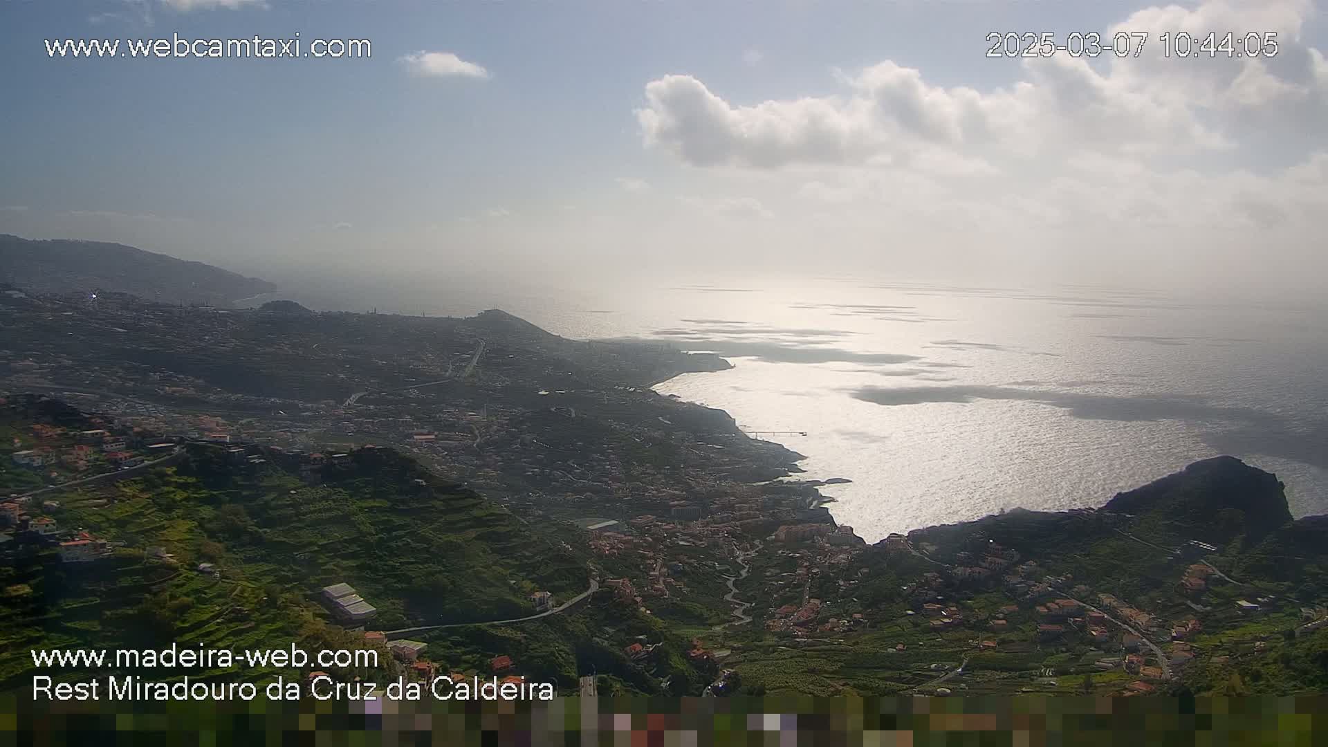 A coastal town nestled into a mountainous landscape overlooks a calm ocean under a partly cloudy sky.