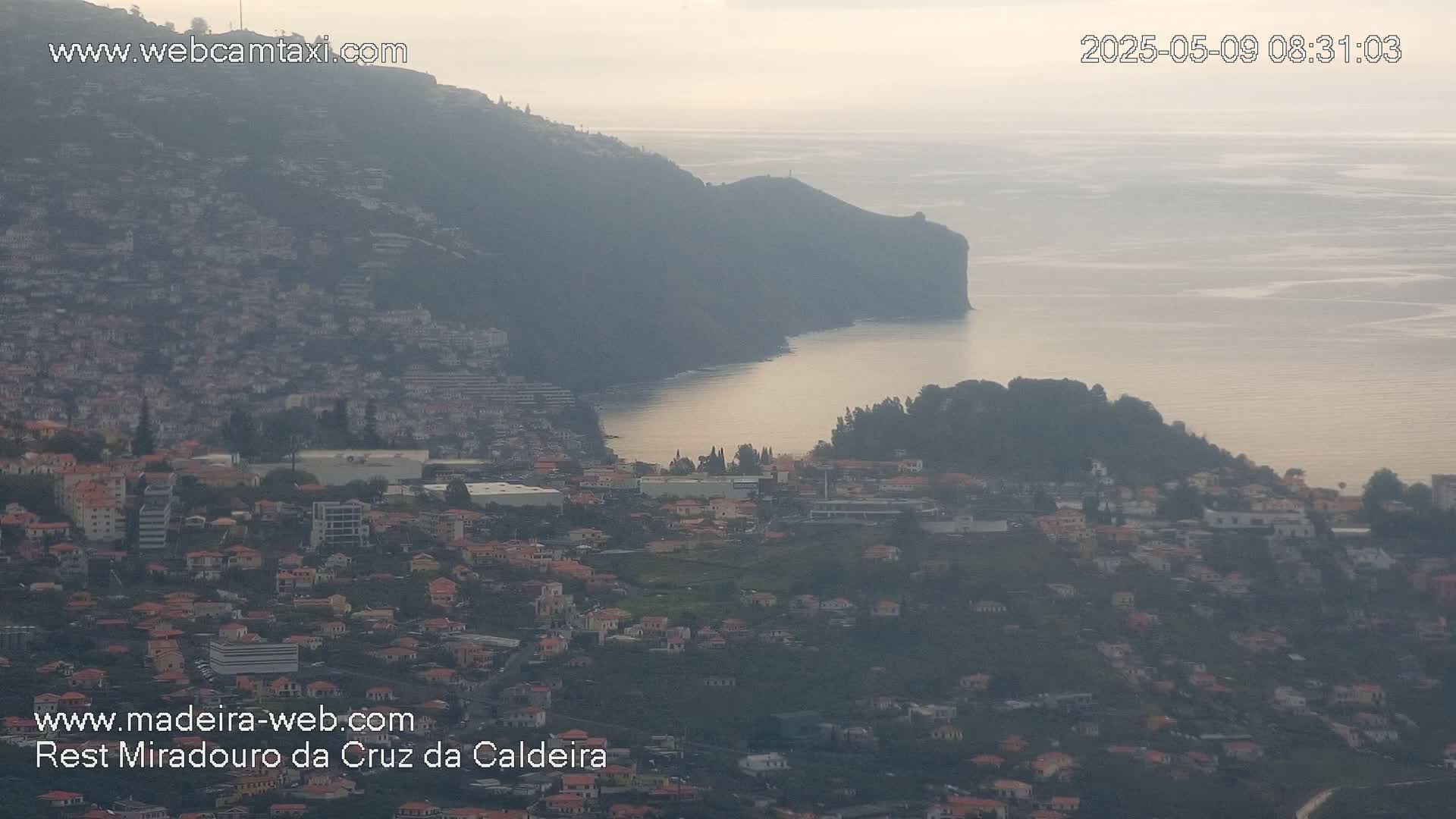 A hazy coastal town nestled on a hillside slopes down to a calm ocean under a pale sky.