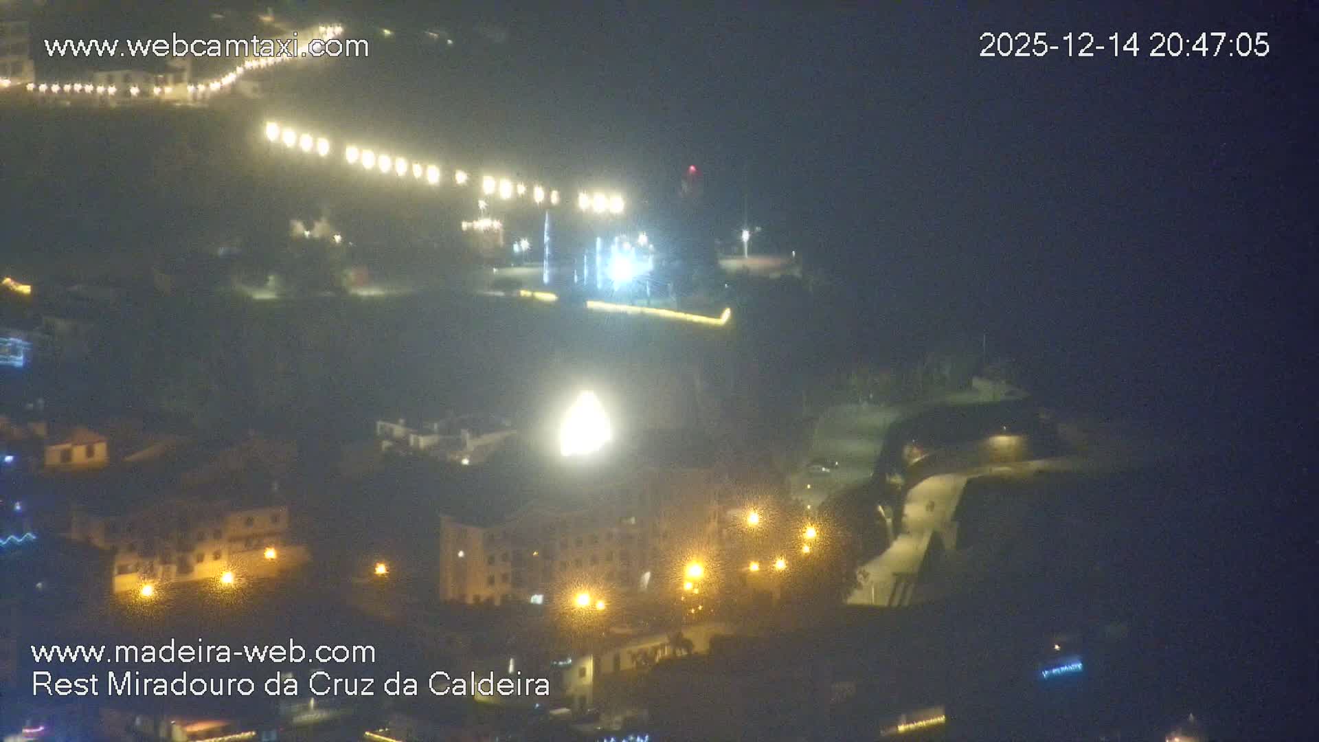 A panoramic nighttime view reveals a sprawling illuminated cityscape with numerous lights tracing roads and structures under a clear, dark sky.