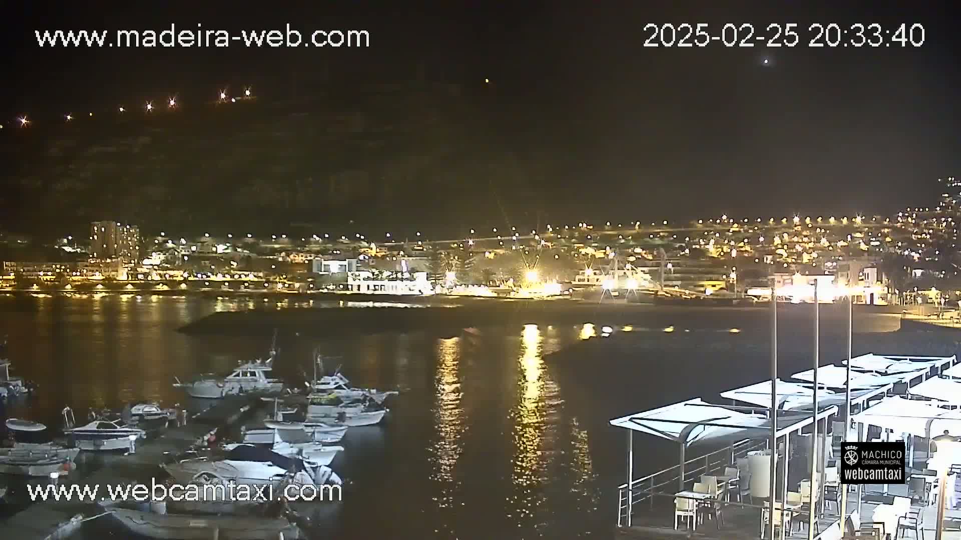 A nighttime view of a harbor filled with boats, with a brightly lit town across the water, under a clear, dark sky.
