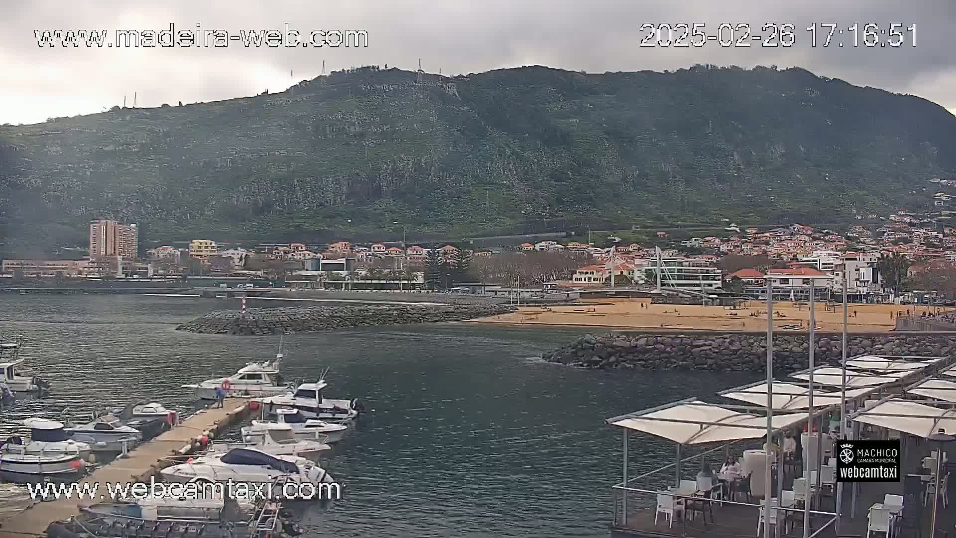 A harbor filled with boats is situated below a hill covered in green vegetation, under an overcast sky.