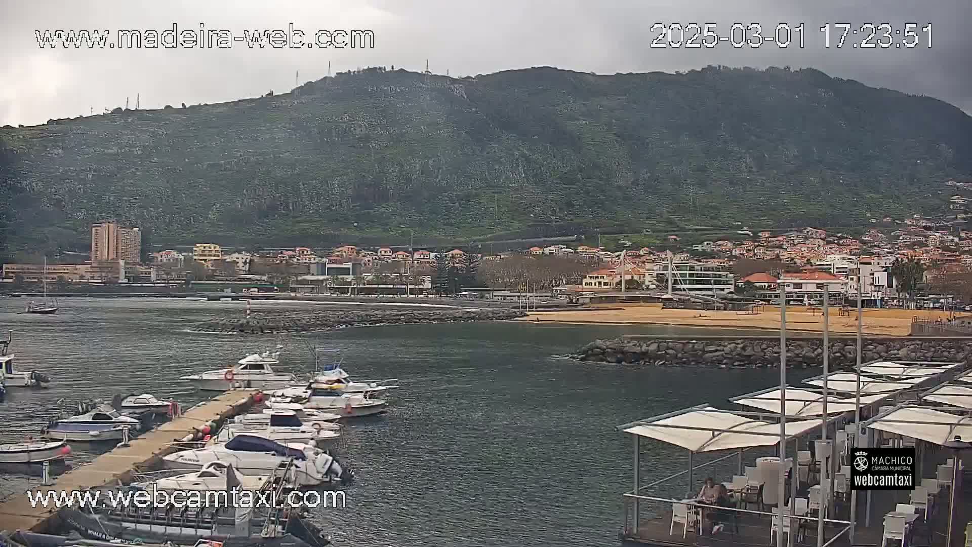A harbor filled with docked boats sits before a town nestled against a large, green hill under an overcast sky.
