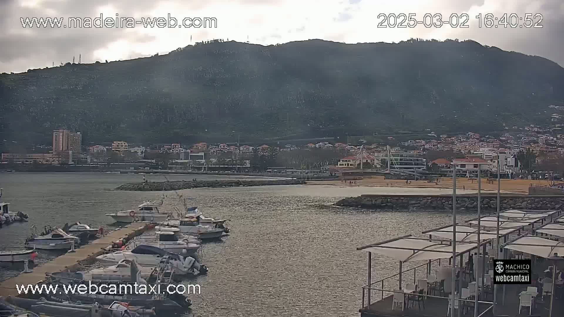 A harbor filled with moored boats is situated below a hill overlooking a town under an overcast sky.