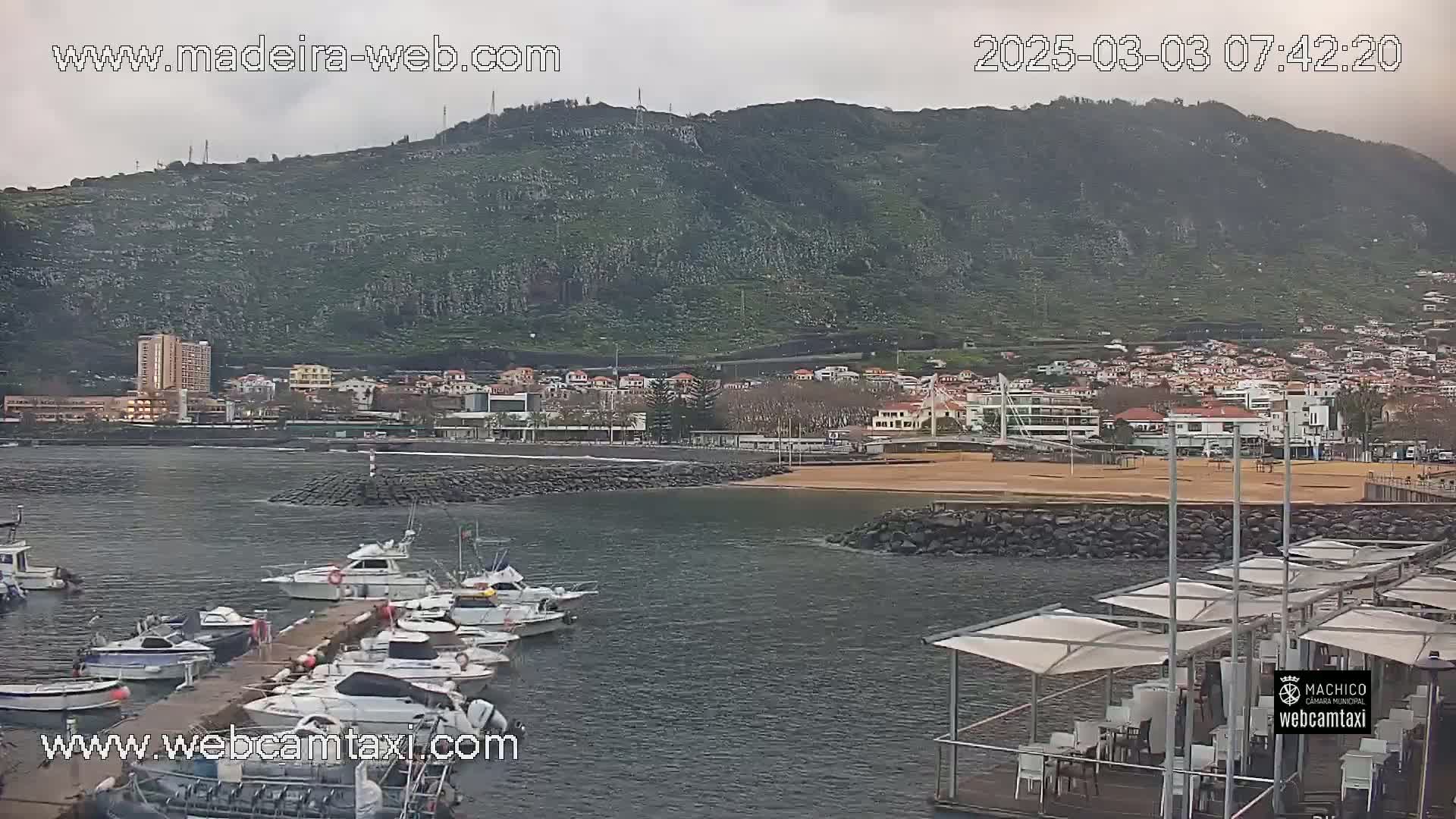 A harbor filled with boats sits below a green hill under an overcast sky.
