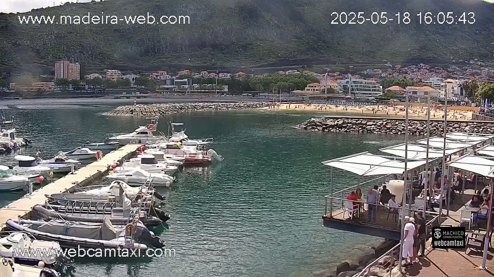 A marina filled with numerous boats is situated near a beach with many people on it, all against the backdrop of a mountain on a sunny day.