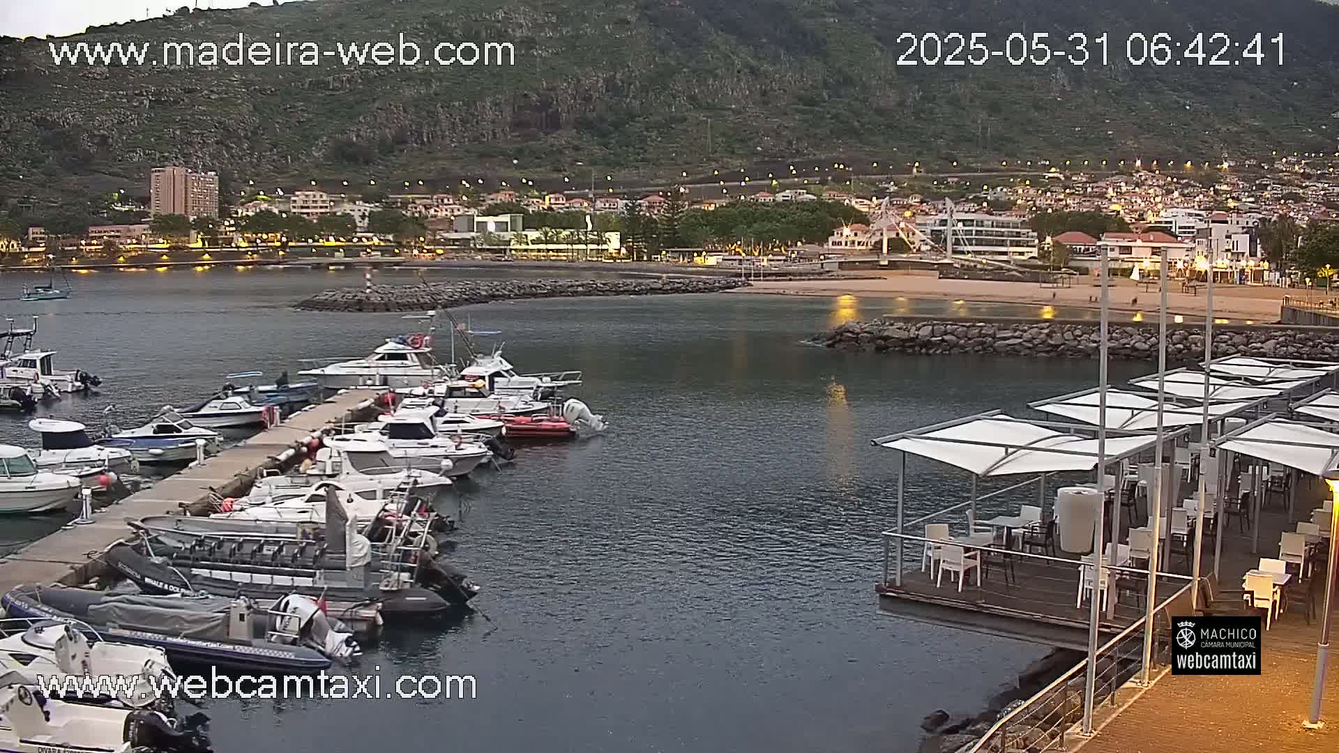 A harbor filled with numerous boats is nestled beside a town at the foot of a hill, under a twilight sky.