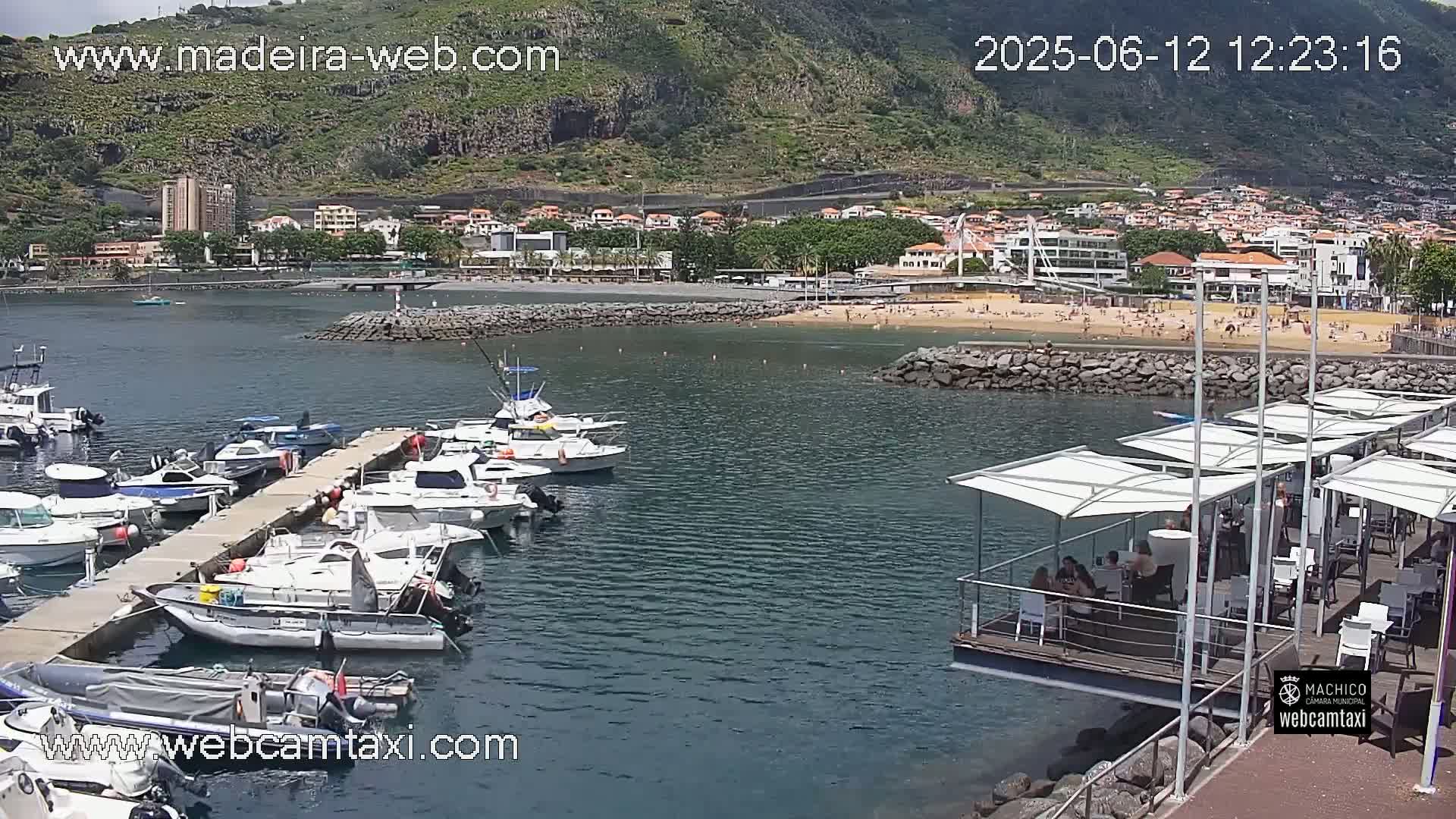 A harbor filled with numerous boats is situated near a sandy beach and a town nestled against a hillside on a sunny day.