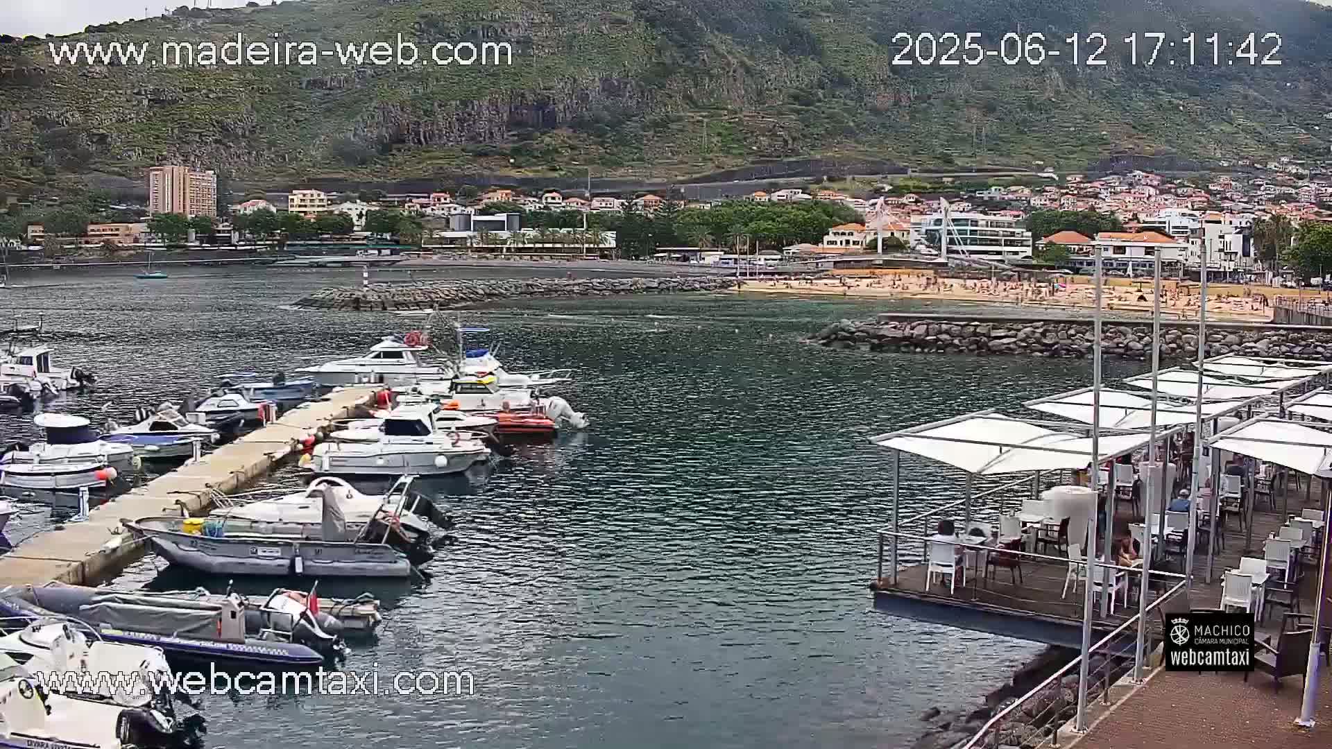 A harbor filled with numerous boats is situated near a beach with people sunbathing, all against the backdrop of a hillside town on an overcast day.