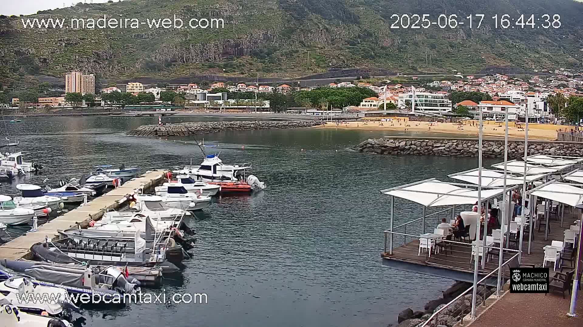 A harbor filled with boats is situated near a sandy beach and a hillside town under overcast skies.