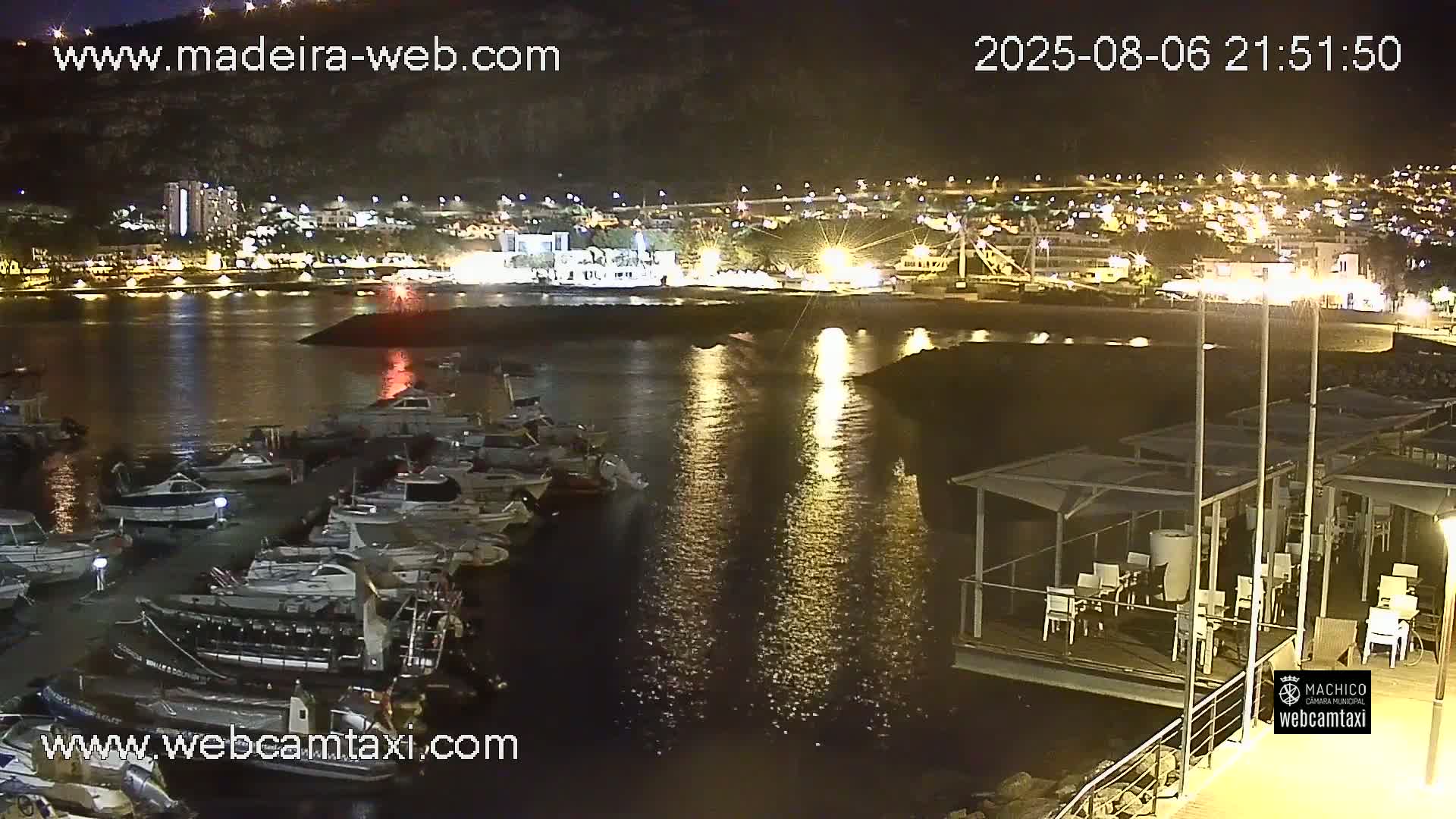 A nighttime view of a harbor filled with docked boats, with a town's illuminated buildings and coastline visible in the background under a clear sky.